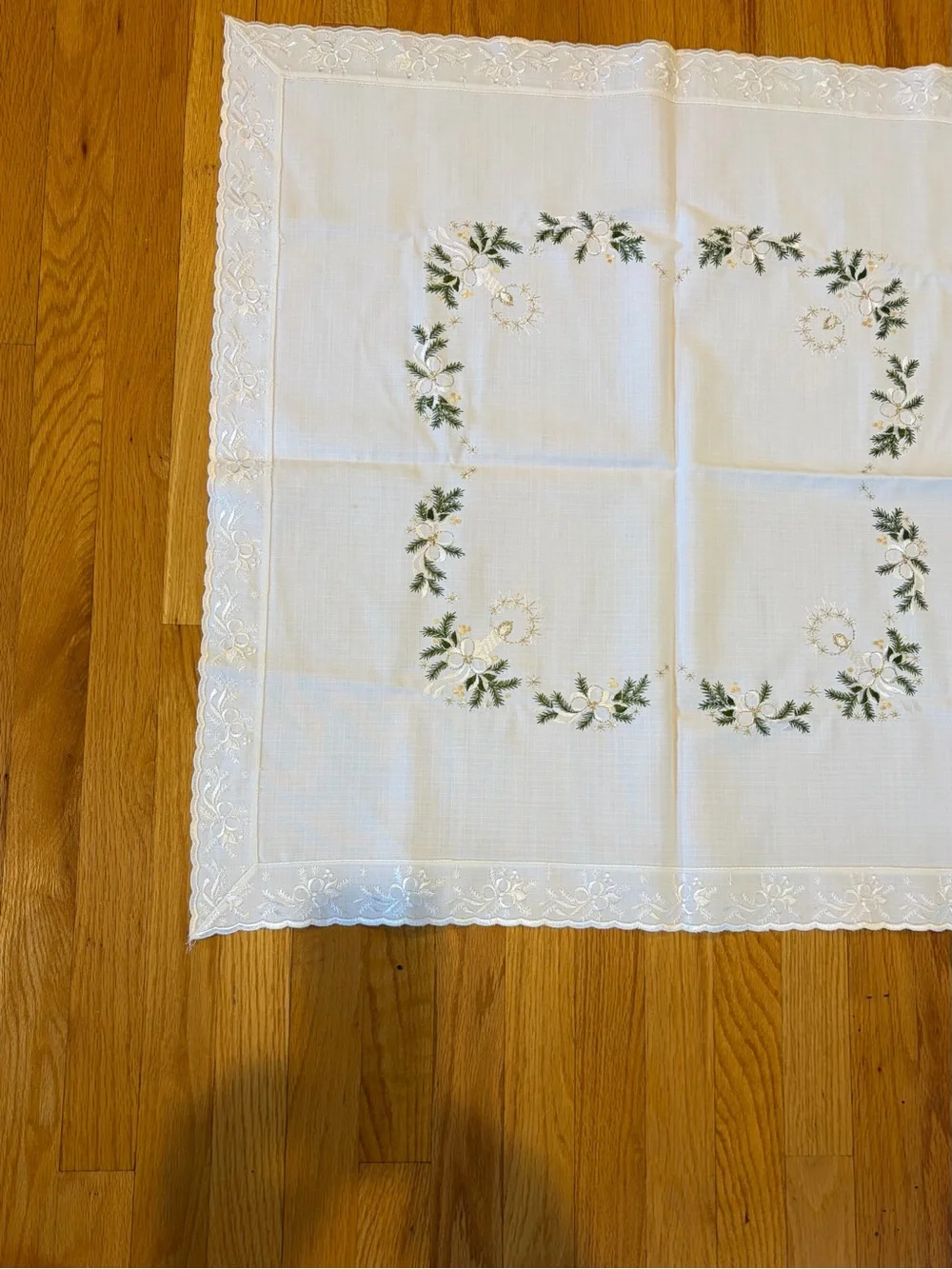 Embroidered White Square Tablecloth with Green Floral Design